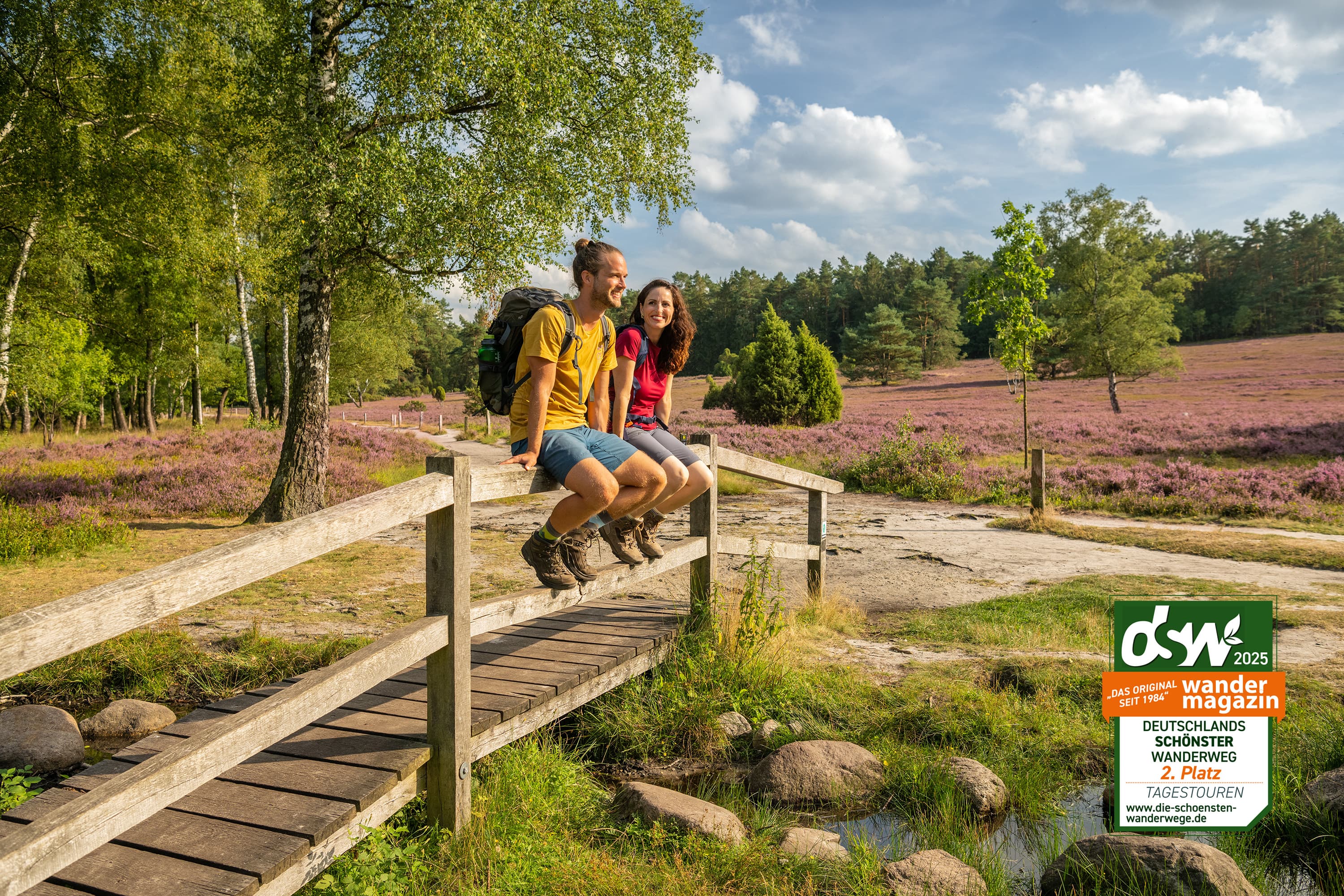 Wanderweg mit Brücke im Büsenbachtal zur Heideblüte