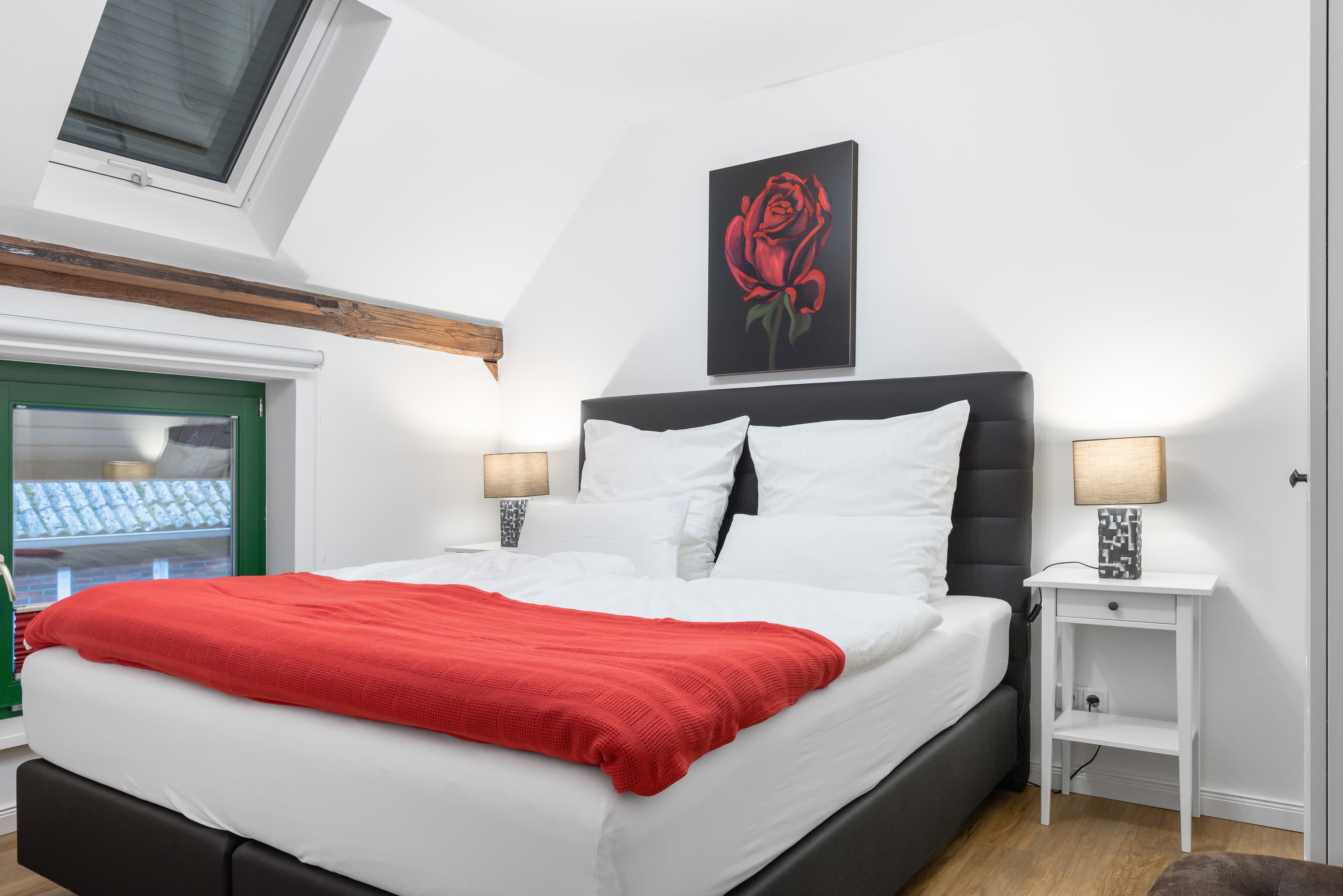 Schlafzimmer der Ferienwohnung Taubenbusch auf dem Heitmannshof in Rosengarten