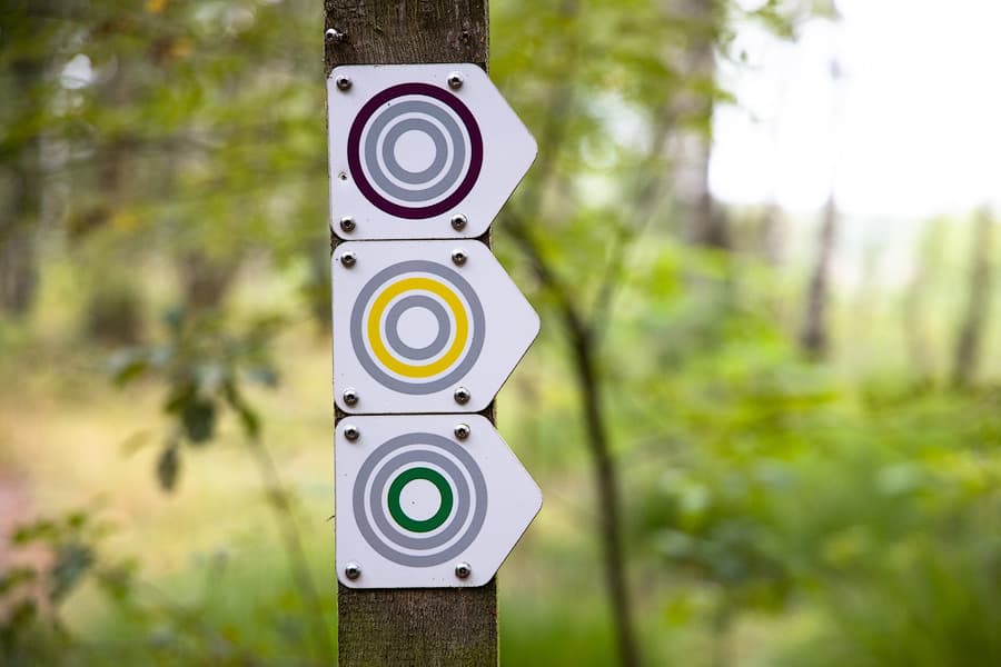 Schilder, Heide, Wanderweg in der Südheide in der Lüneburger Heide im Frühling am Heidschnuckenweg